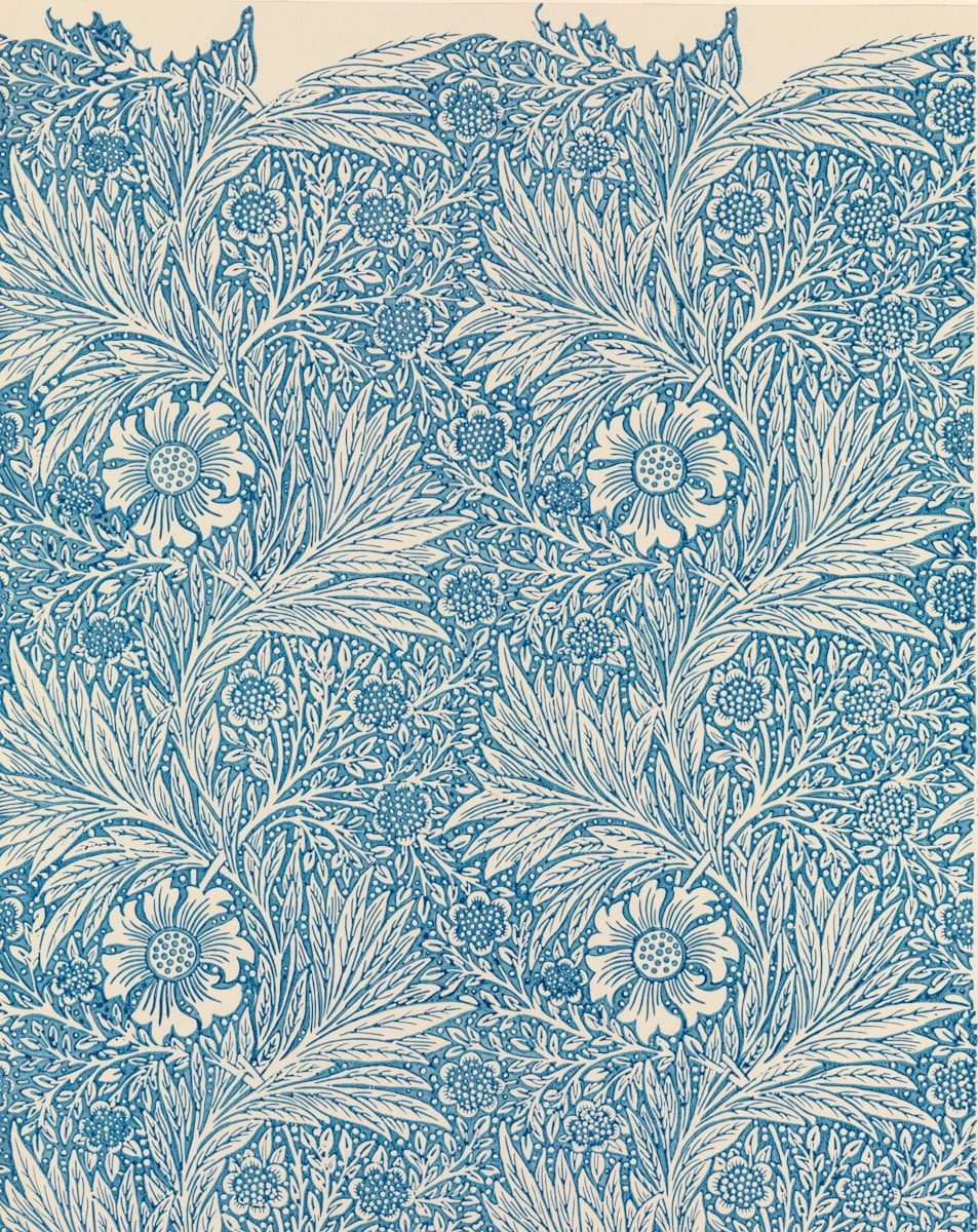 Vintage blue and white floral and foliage pattern.
